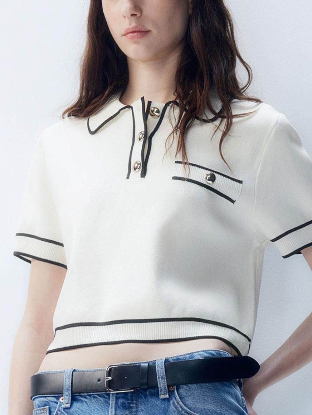 H&M Cream Knit Polo Sweater Top Black Trim Short Sleeve Size L Preppy Academia